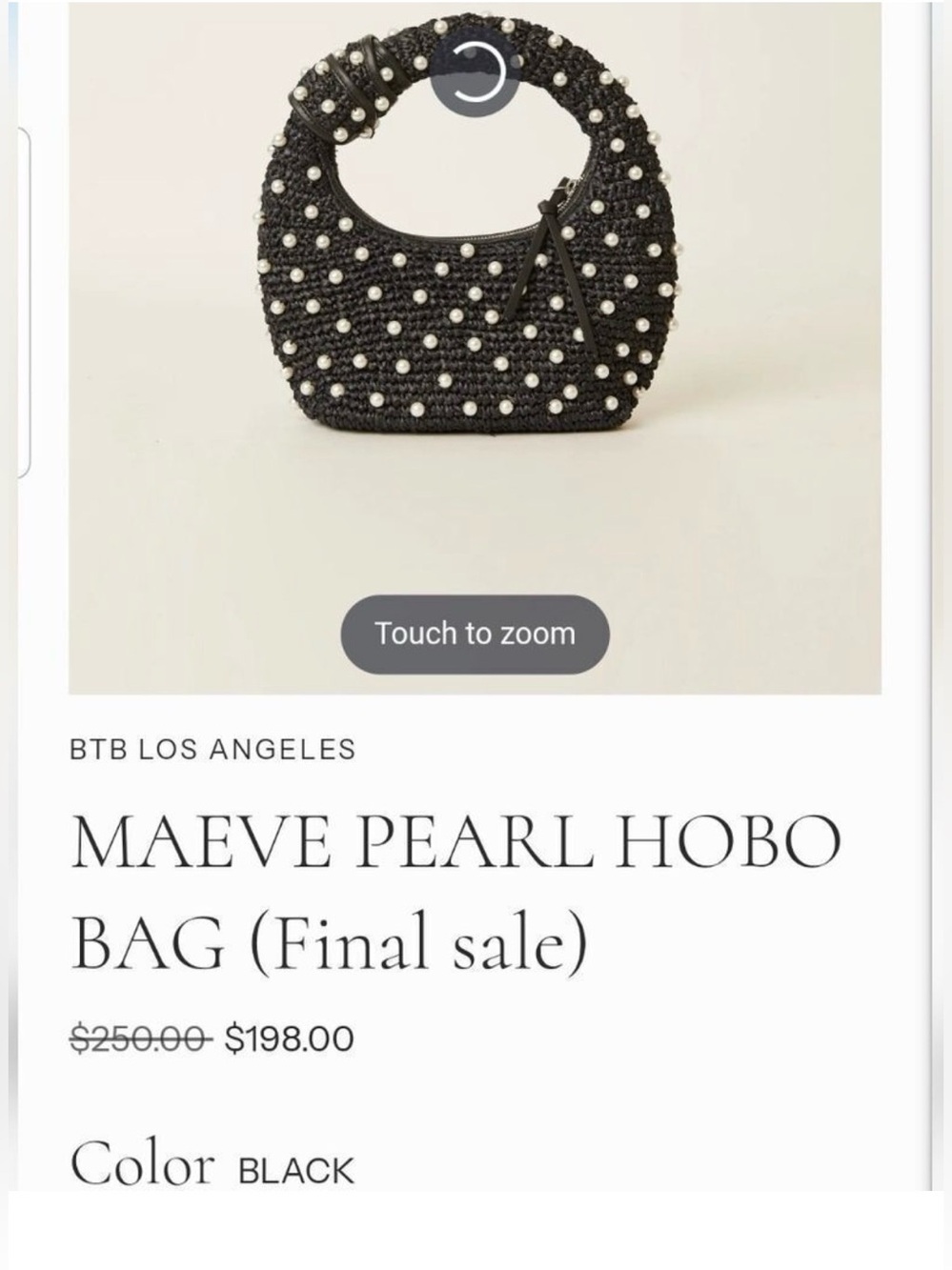 NEW! BTB Los Angeles Maeve Pearl Hobo Bag - Black